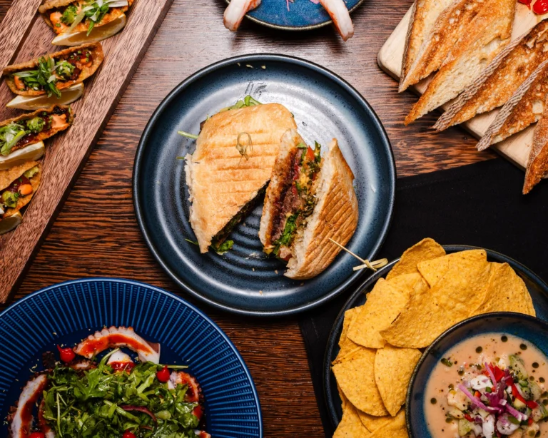 Pressed steak sandwich beside octopus carpaccio and ceviche with chips